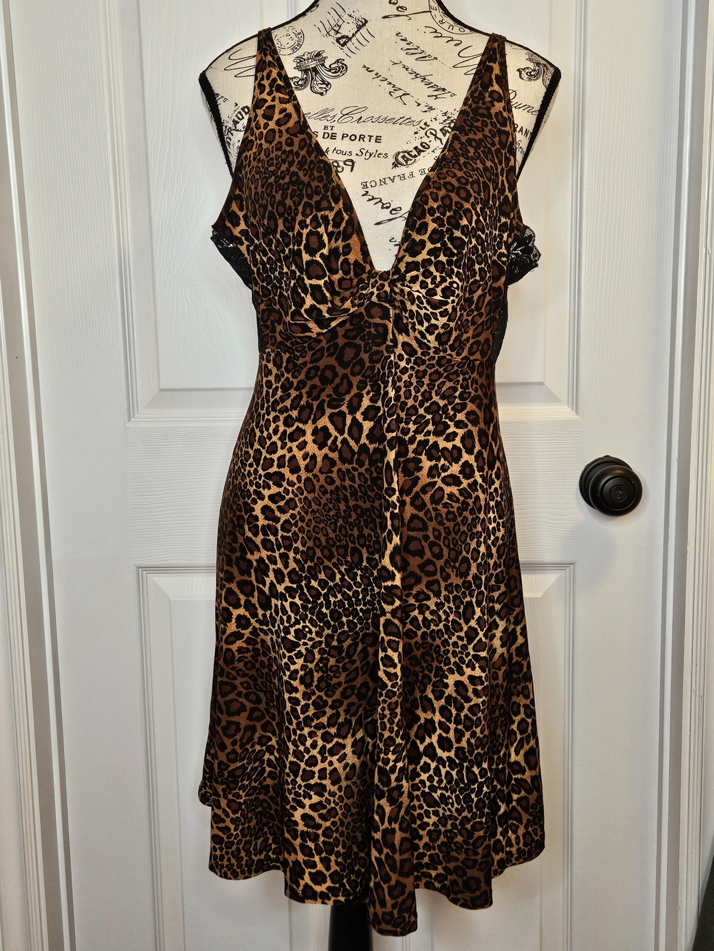 NWOT Leopard Print Chemise Nightgown Size L Twist Pleat Plunge Neck Slip Dress